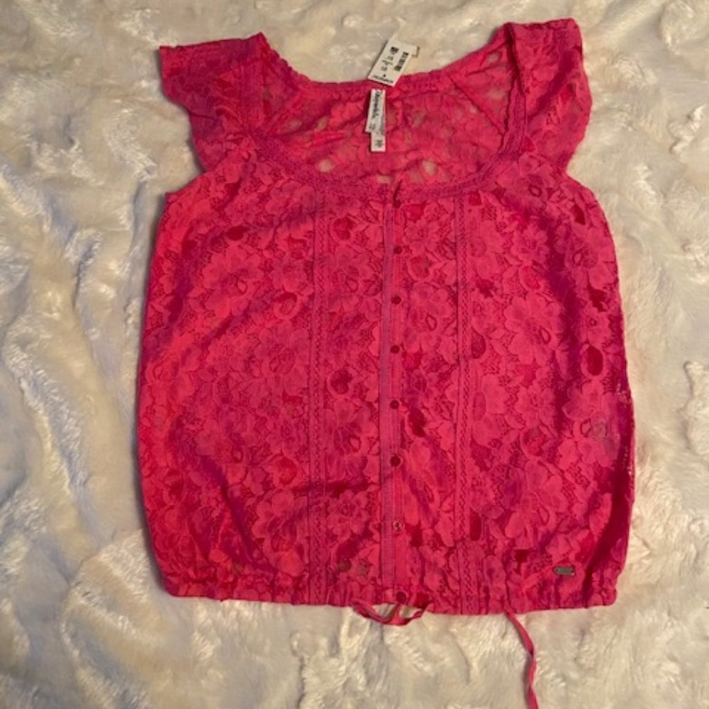 Aeropostale Pink Fuchsia Sheer Floral Lace Peplum Top XS NWT